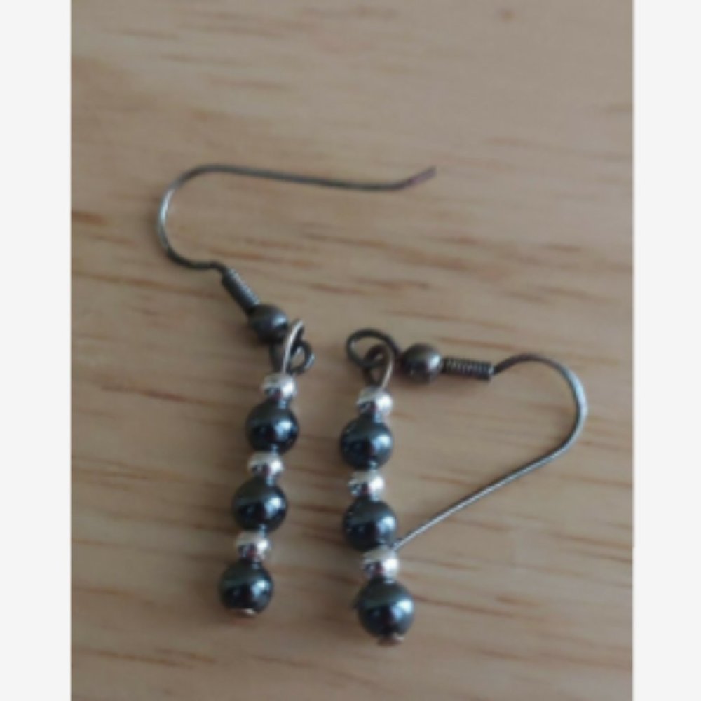 Black Hematite and Silver Tone Dangle Earrings